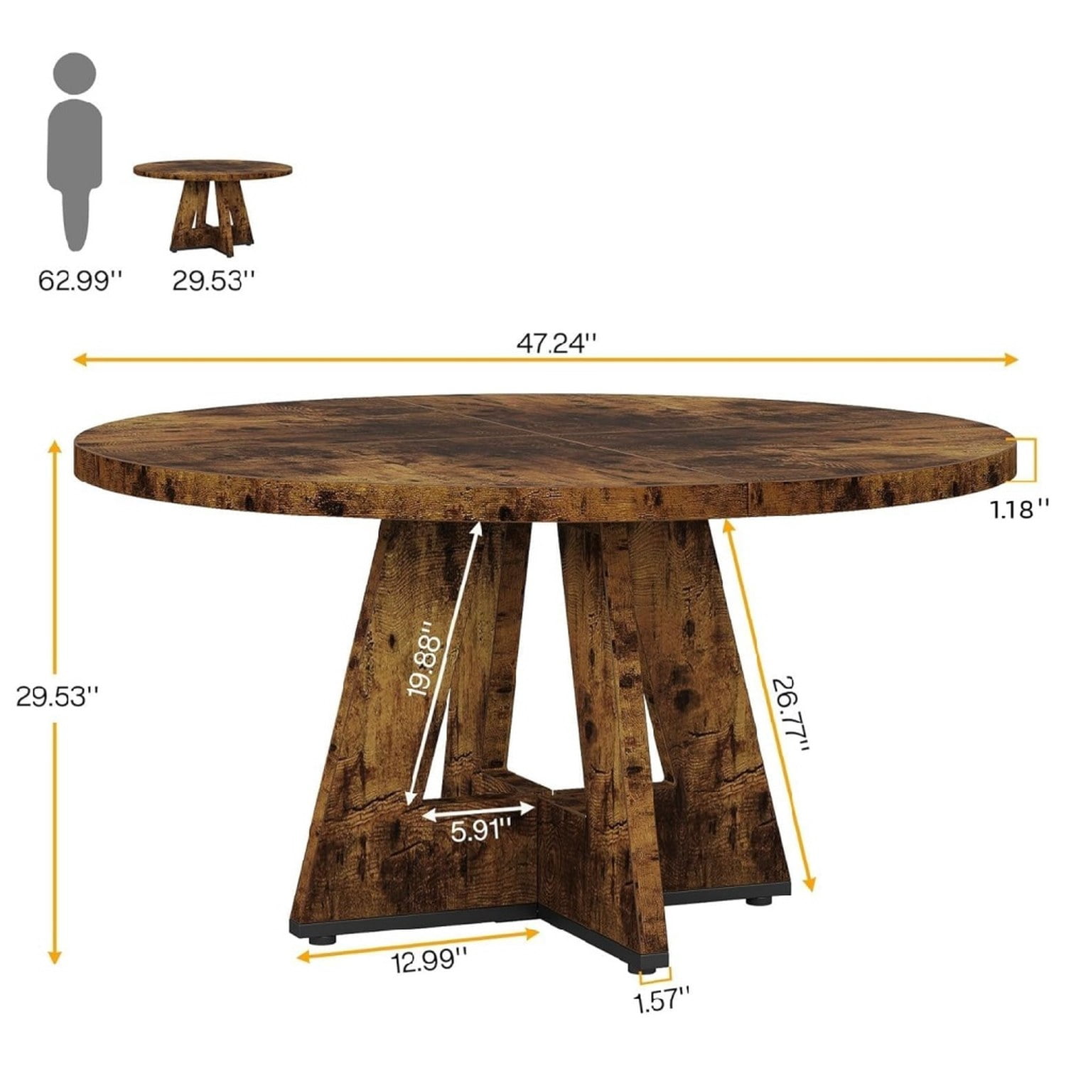 Farmhouse Round Dining Table, 47 in Diameter, Rustic Finish, Seats 4