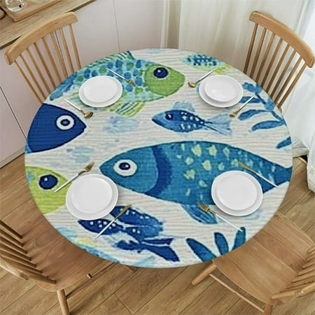 

Sheronv Fish Blue Green Pattern Round Tablecloth for Indoor Outdoor Dining Parties - Stain Resistant Washable Polyester Table Cover 42 -46