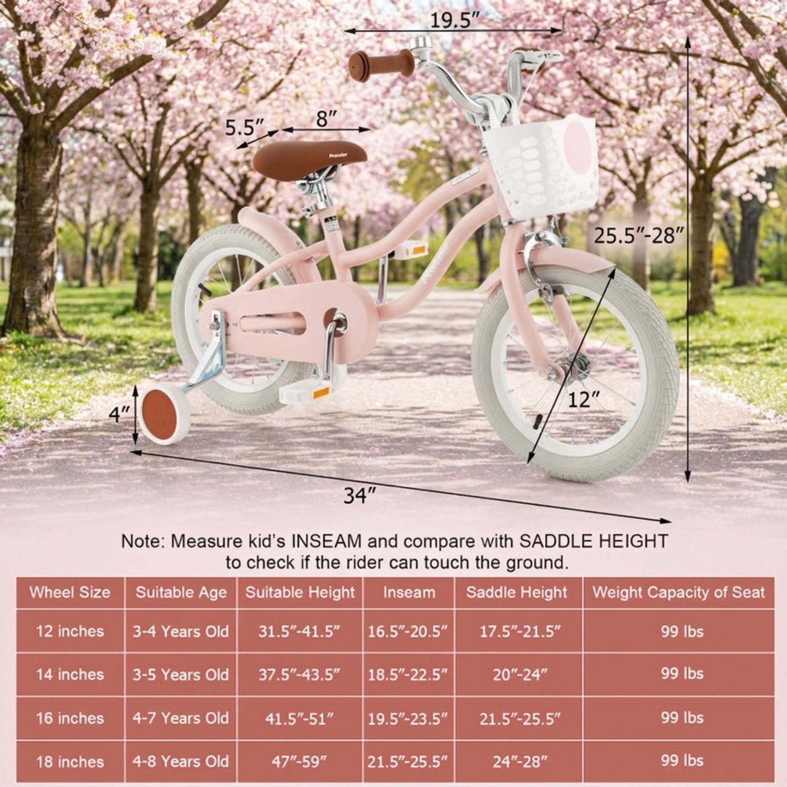 Redsmile Kids Bike 12 Inch with Training Wheels for Boys Girls Ages 3-4 Years, Toddler Bicycle with Adjustable Seat and Carbon Steel Frame, 99 lb Capacity Beginner Bike, Pink