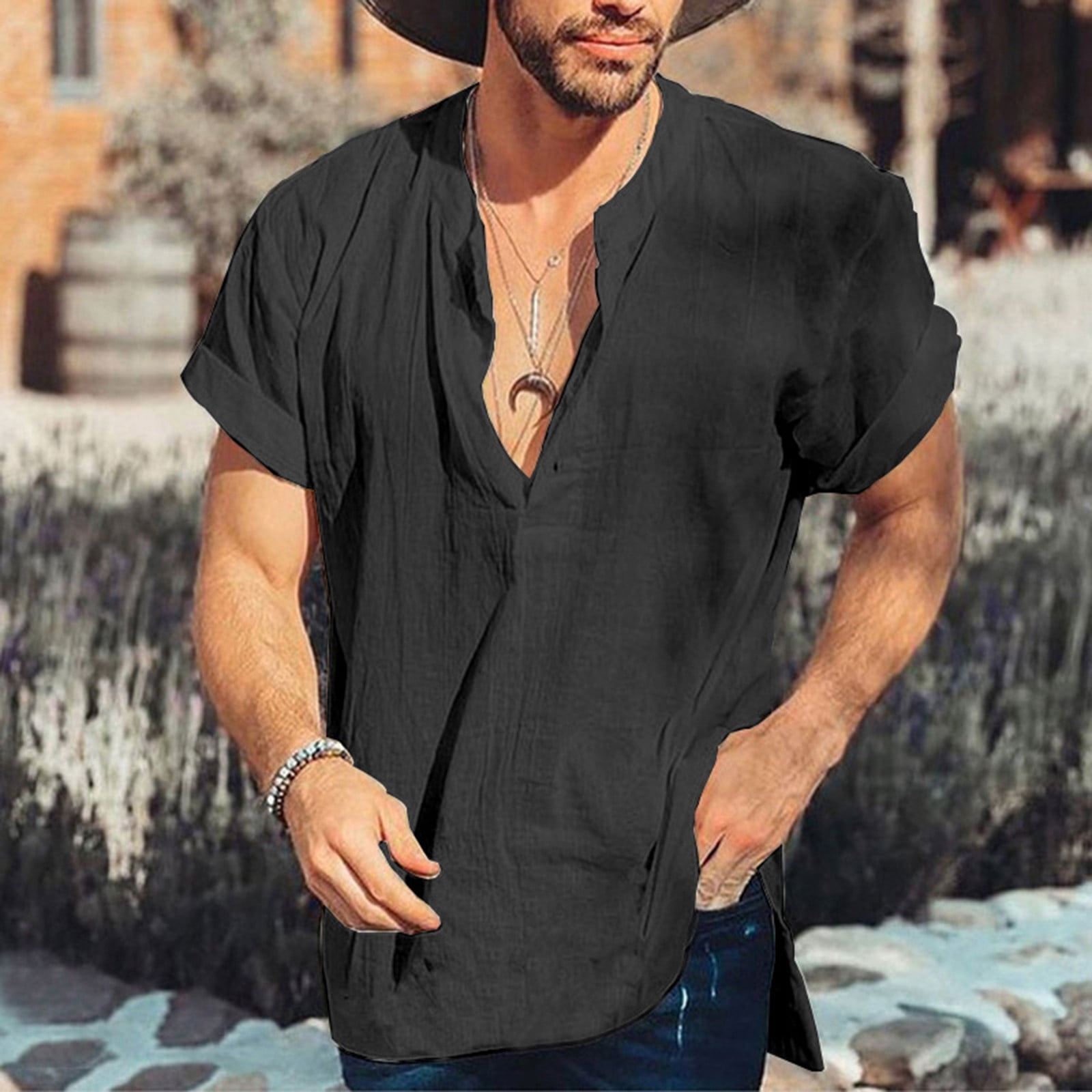 Men's Button Down Linen Cotton Workwear Shirts Causal Long Sleeve Lightweight Summer Roll-up Plain Hippie Tops with Pocket 