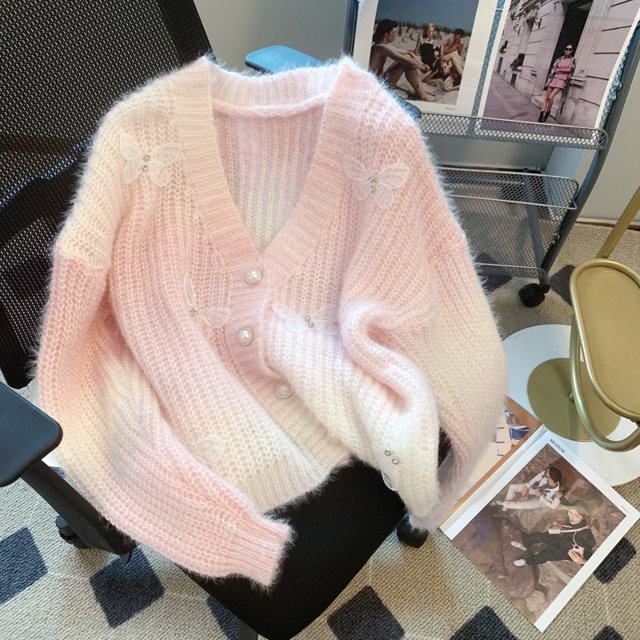 Chaqueta de suéter suave y encerada nueva de primavera y otoño para mujer, cárdigan de punto teñido en segmentos suaves y dulces de estilo coreano con lazo tridimensional