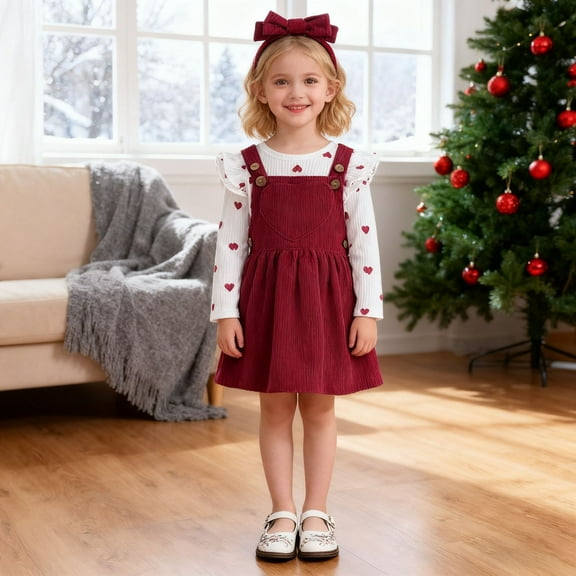 RUTAYY Girls 3 Piece Outfit Heart Print Crew Neck Long Sleeve Ruffle Bodysuit Suspender Dress Headband Kids Everyday Wear Outfits Pink