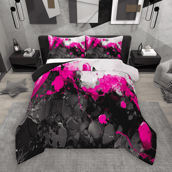 Manfei Abstract Marble Bedding Comforter Set 2pcs, Black Hot Pink White Twin Comforter Sets, Modern Watercolor Marbling Bedding Set, Ultra Soft Home Decor