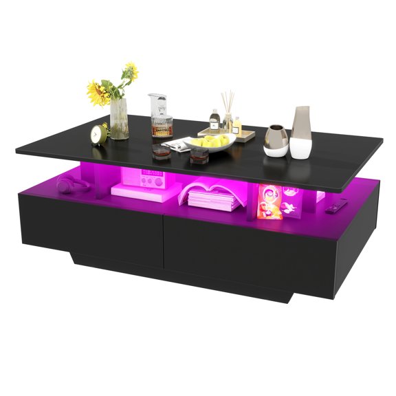 UPPYL LED Coffee Table with Storage 4 Drawers, Modern High Glossy Coffee Tables for Living Room, Black Rectangle Coffee Table Small Center Table with Open Display Shelf & Sliding Drawers