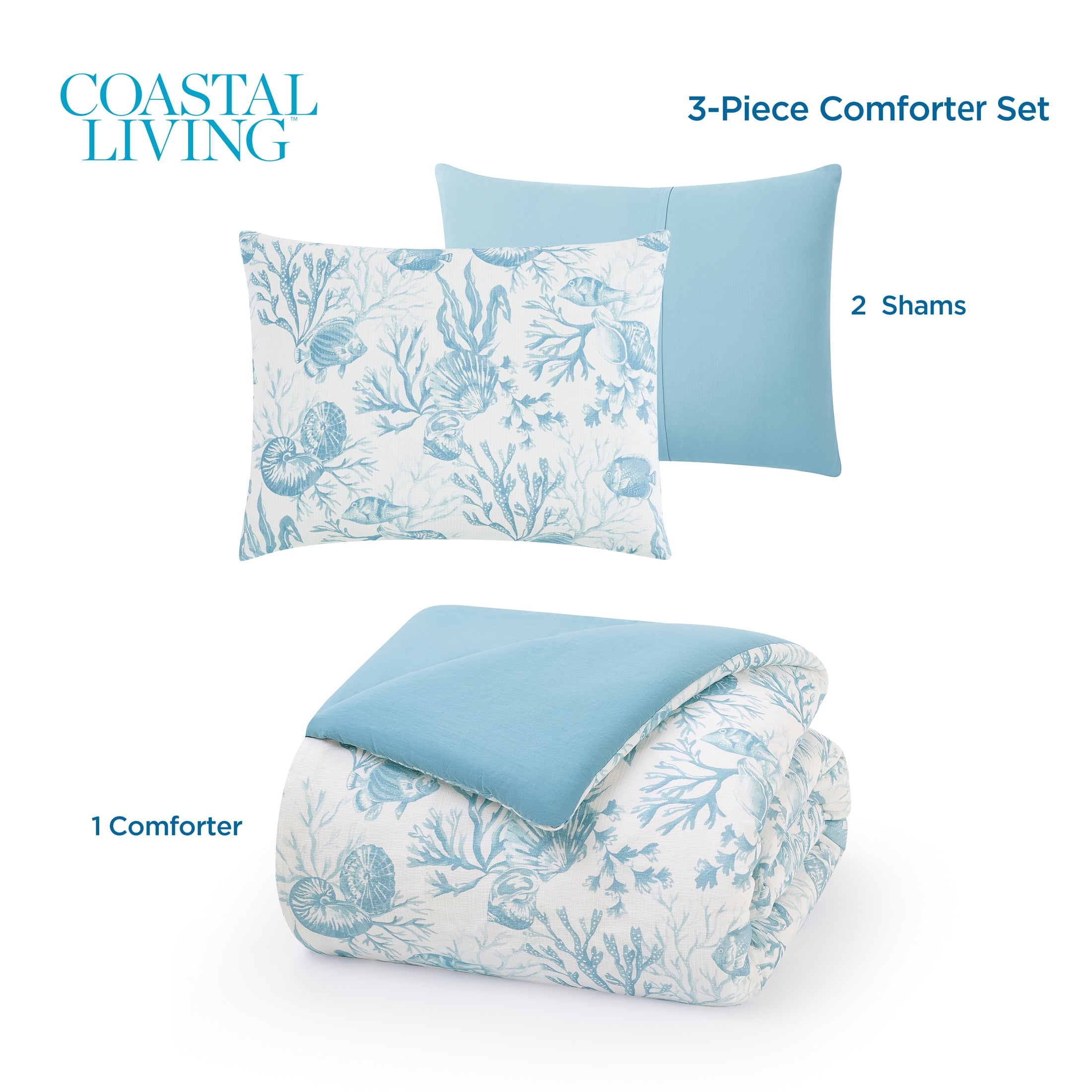 Coastal Living 3-Piece Lightweight 100% Cotton Blue & White Ocean Print Comforter Set, Full/Queen