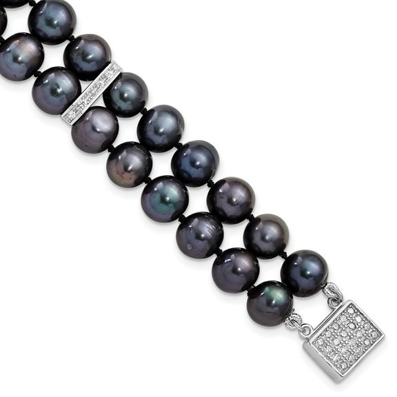 Primal Silver Sterling Silver Rhodium-plated 7-8mm Black Freshwater Cultured Pearl Cubic Zirconia 2-strand Bracelet