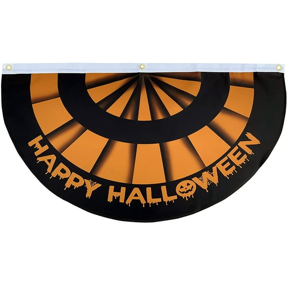 Festive Happy Halloween Bunting Flag – 18” x 36”, Orange & Black, Jack-O-Lantern, Haunted House