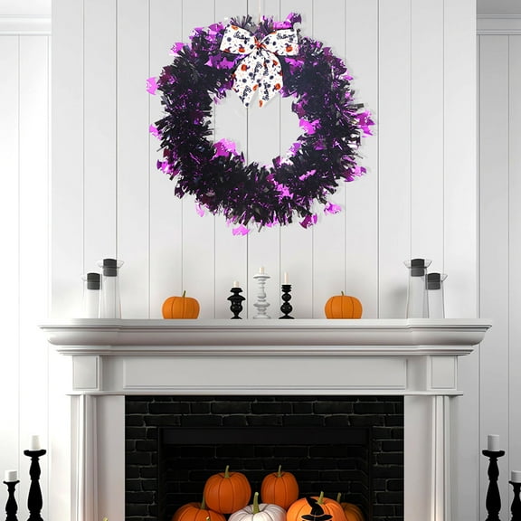 Halloween Wreath for Front Door,15 Inch Fall Tinsel Halloween Wreath Decorations with Pumpkin Ribbon Bow Pumpkin Wreath for Indoor Window Wall Hanger Home Party Festival Decor