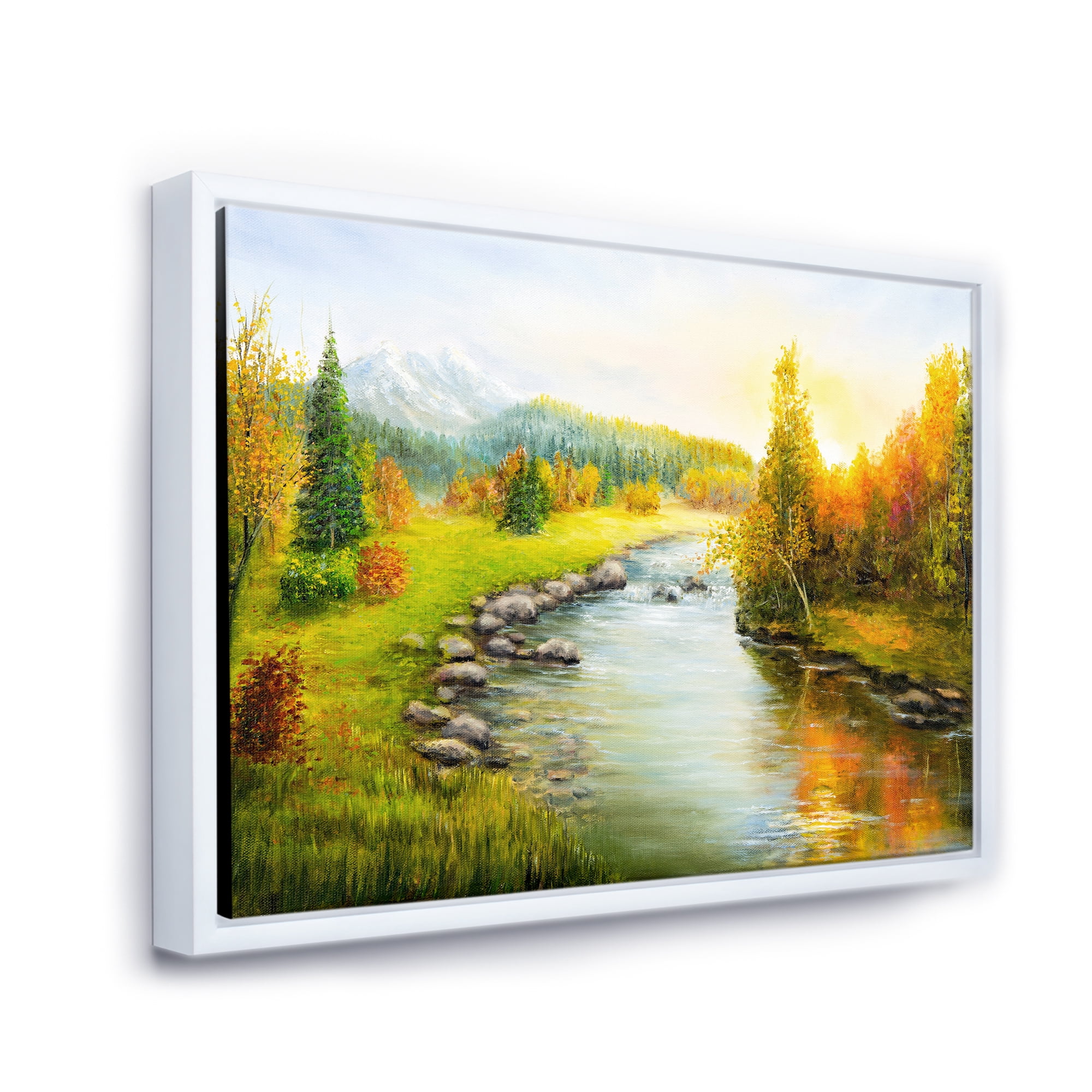 Designart 'Autumn Landscape With Forest River and Mountains' Lake House Framed Canvas Wall Art Print