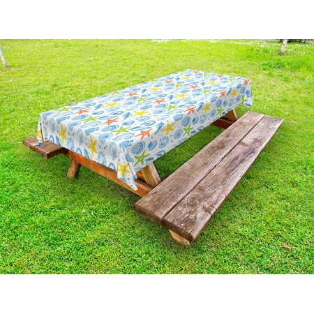 

Nautical Outdoor Tablecloth Marine Themed Starfish Mollusk Coral Reef Shells Oyster Underwater Design Decorative Washable Fabric Picnic Table Cloth 58 X 84 Inches Blue and Yellow by Ambesonne