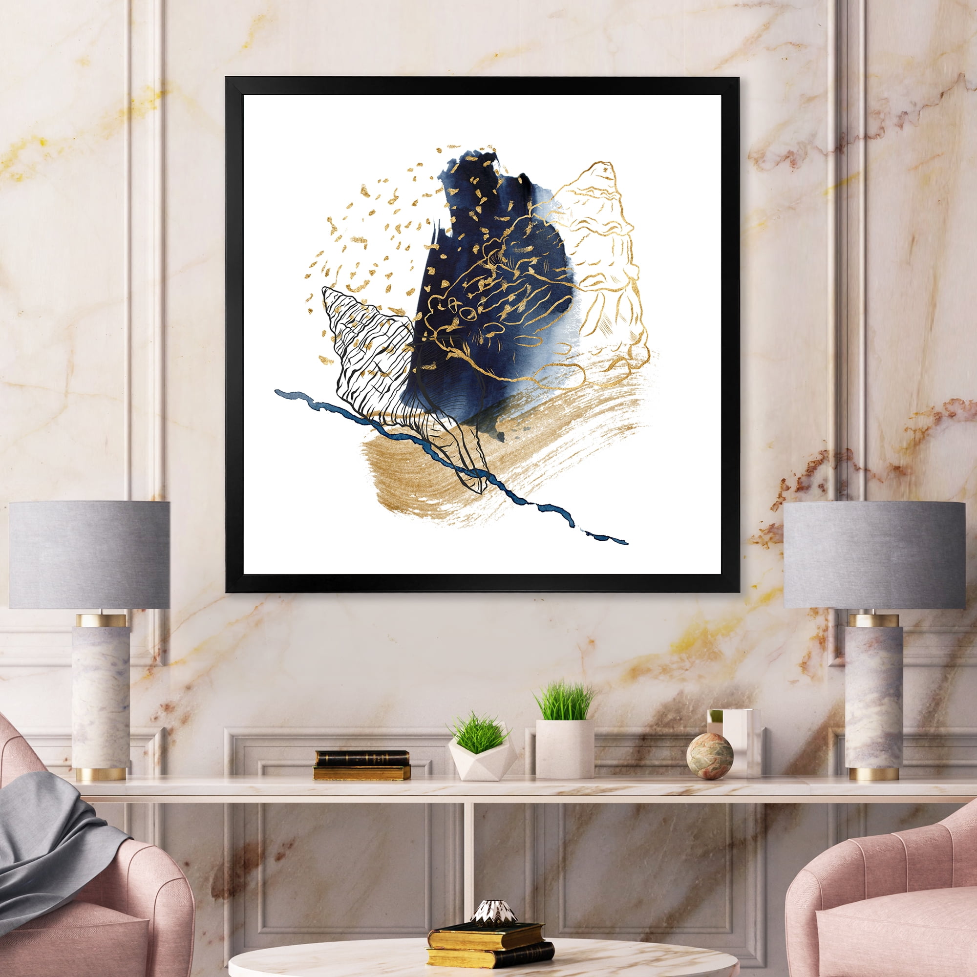 Designart 'Underwater Marine Life With Gold Shell Line Art' Farmhouse Framed Art Print