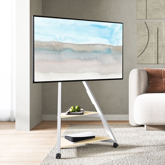 FITUEYES Design Corner TV Stand for 32 43 50 55 65 Inch TV, Rolling TV Stand for Bedroom, Living Room, Study Room and More, Mobile TV Stand with Wooden Storage Shelves, Eiffel Series.