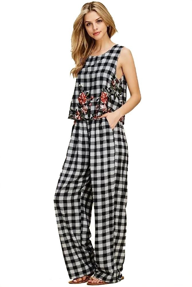 Womens Black Gingham Sleeveless Jumpsuit Romper w/ Embroidered Flowers ...