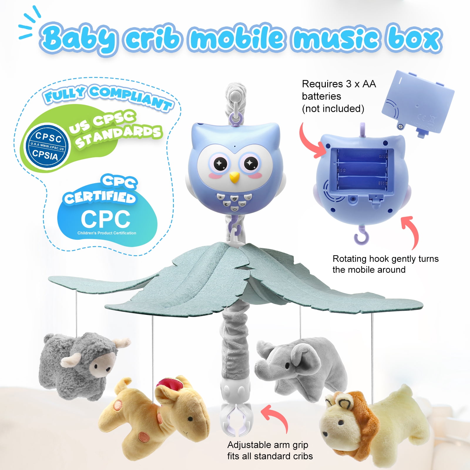 SUMWE Baby Crib Mobile with Music and Lights for Boys Musical Mobile Animals for Crib Bassinet Girls Toys Hanging Portable Safari Nursery Decor Blue