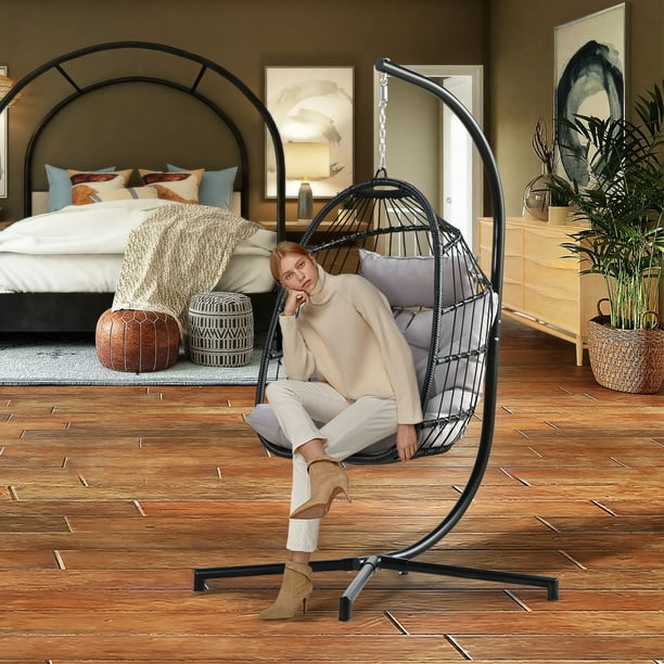 SYNGAR Swing Egg Chair, Wicker Hanging Chair with Stand and Cushion