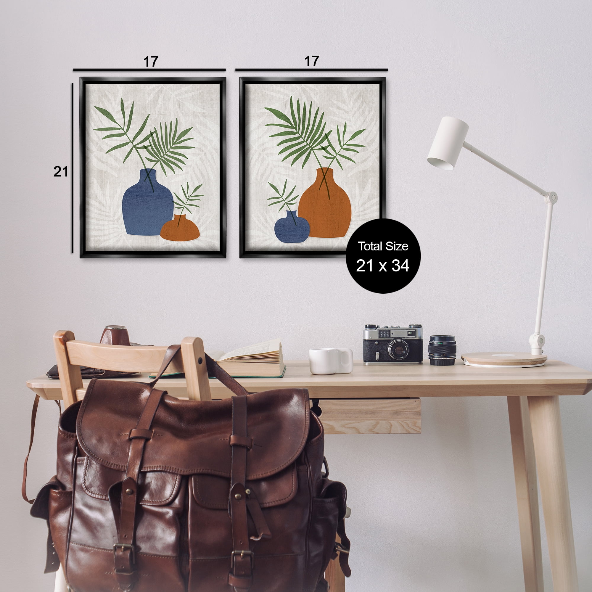 Stupell Industries Midcentury Palm Vases Plants & Flowers Painting Black Floater Framed Canvas Art Print Wall Art, 17 x 21, Set of 2