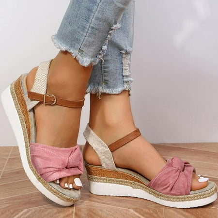 

Feiboyy Women Lightweight Colorblock Knot Decor Espadrille Sandals Vacation Suede Ankle Strap Wedge Sandals For Summer