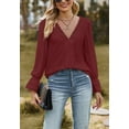 thumbnail image 2 of Lace Trim V Neck Textured Blouse, Burgundy, Medium, 2 of 5