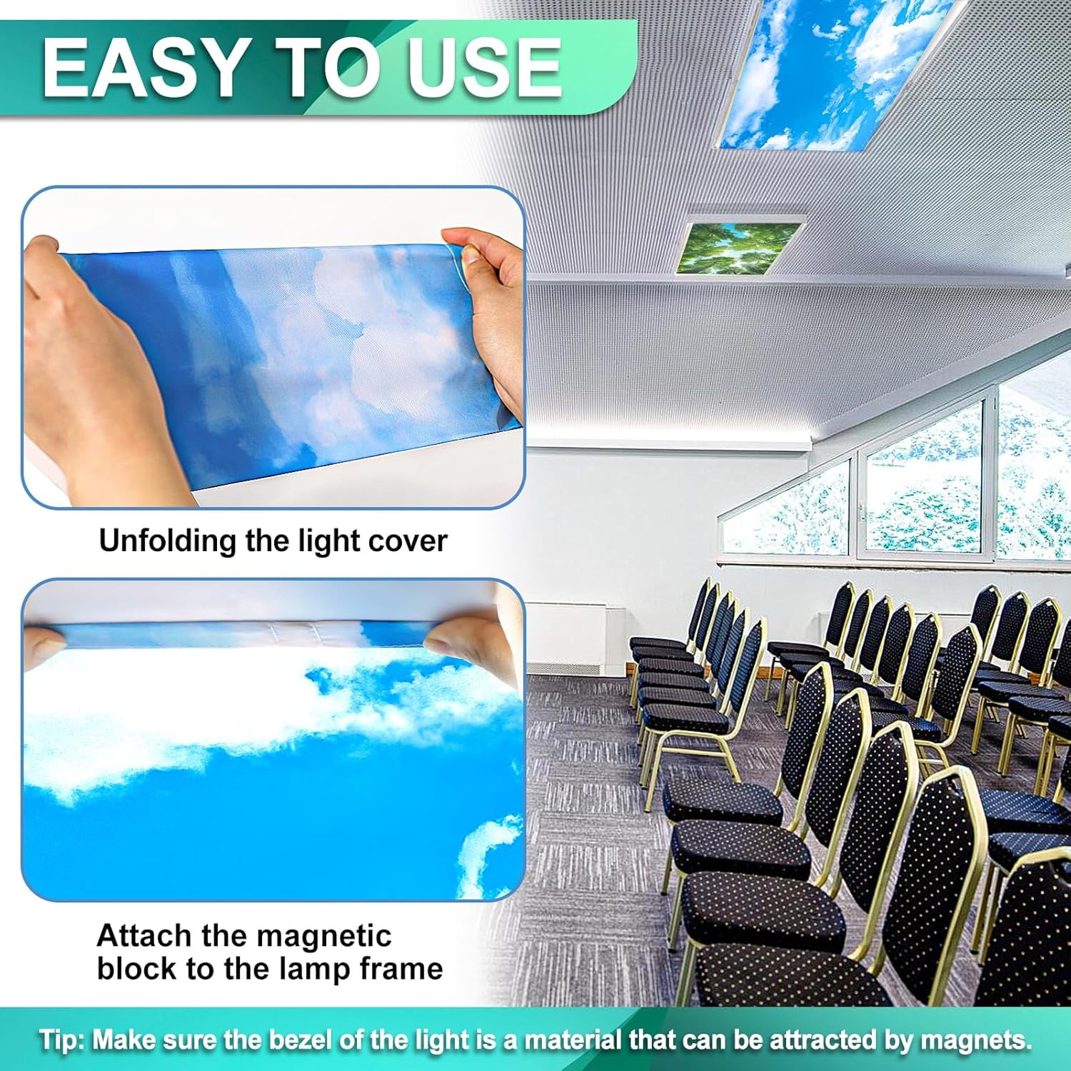 RGHJAR-4-Pack Fluorescent Magnetic Light Covers - Mix Light Filters for Classroom Ceiling Lights (Forest & Blue Sky)