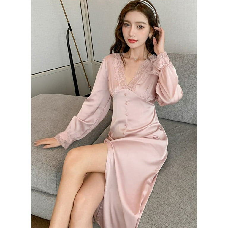 DanceeMangoo Sexy Satin Lace Button Nightdress for Women Long Sleeve Spring  Summer Nightgowns Slim Fit Silk Sleepshirts Women Sleepwear