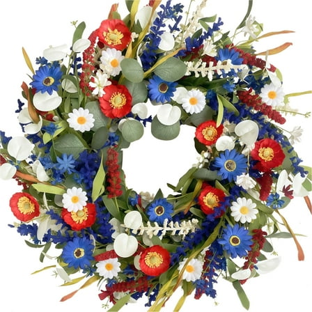 17.7 in / 45 cm Patriotic Red White Blue Wreath for Front Door, 4th of July and Memorial Day Decorations, Elegant Silk Flower Garland, Great for Doors, Walls, and Mirrors