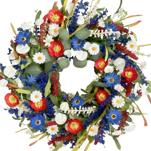 17.7 in / 45 cm Patriotic Red White Blue Wreath for Front Door, 4th of July and Memorial Day Decorations, Elegant Silk Flower Garland, Great for Doors, Walls, and Mirrors