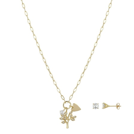 Believe by Brilliance Women's 14Kt Gold Flash-Plated Cubic Zirconia Family Tree Pendant Necklace and Stud Earring Set, 18 2" Extender