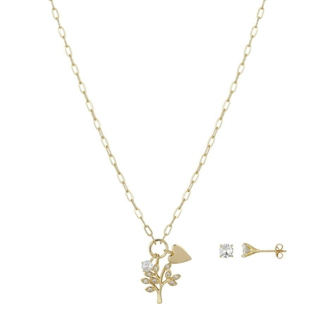 Believe by Brilliance Women's 14Kt Gold Flash-Plated Cubic Zirconia Family Tree Pendant Necklace and Stud Earring Set, 18+2" Extender