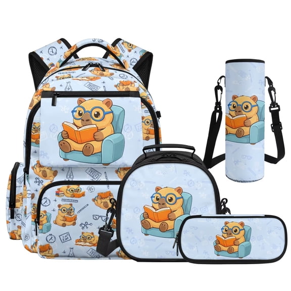 Aplkyhs Cute Capybara School Backpack Set 4Pcs with Lunch Box Pencil Case Water Bottle Holder with Strap Portable Lunch Bag for Elementary Primary Middle School Bookbag