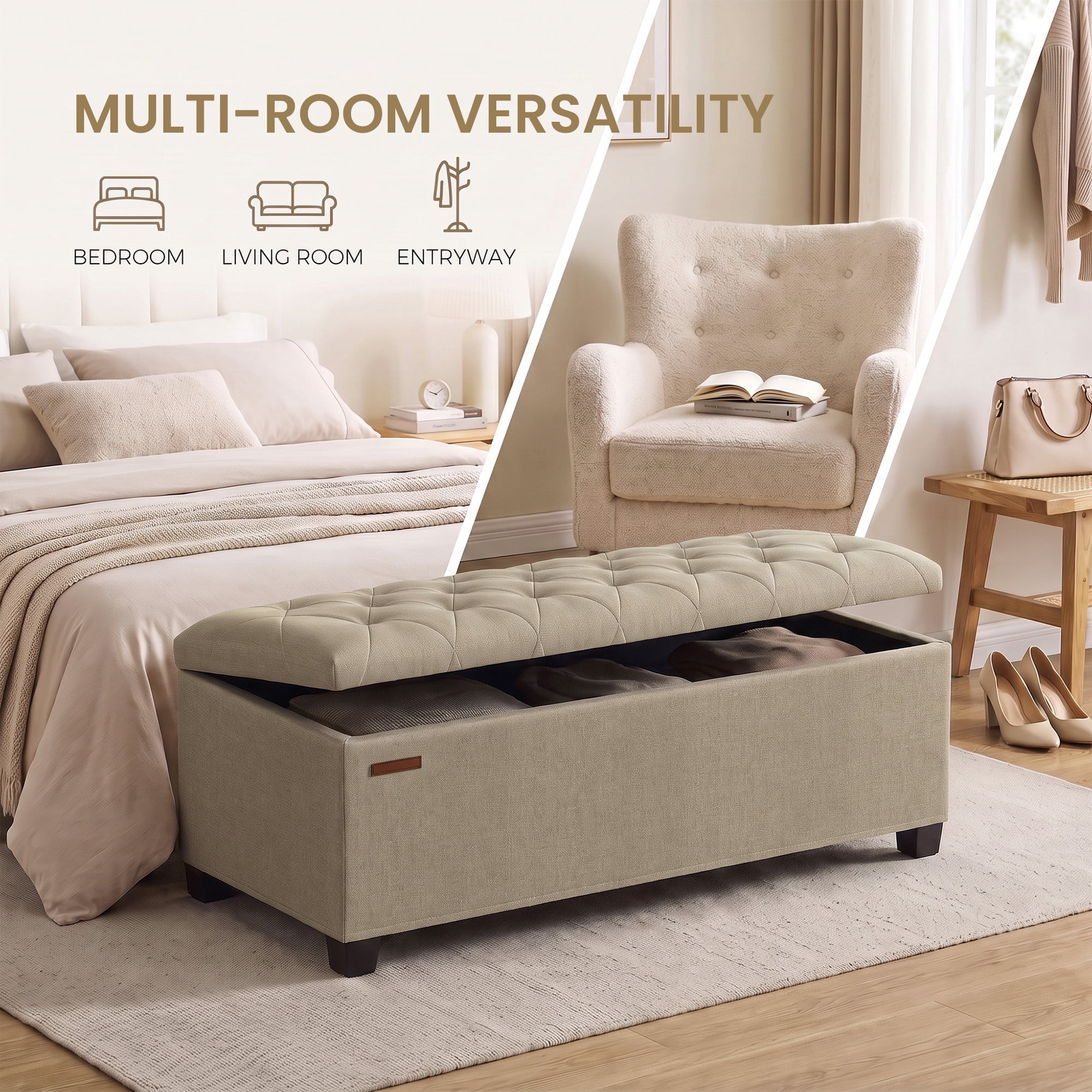 Ledrem Camel Brown Linenette Tufted Storage Ottoman Bench, End of Bed Bench, 660 lb Capacity, Modern Home Decor