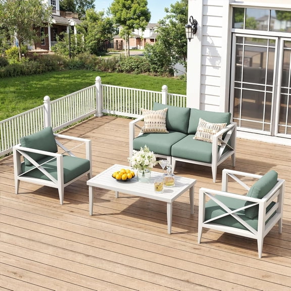 MBY 5-Piece Aluminum Patio Furniture Set, Outdoor Conversation Sofa Set with Coffee Table, All-Weather Deep Seating, Rust-Proof Frame for Backyard, Deck, Porch, or Balcony-White
