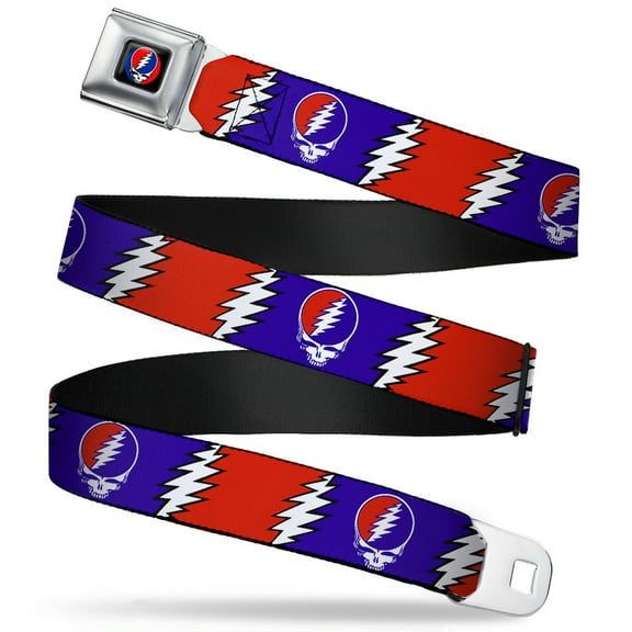 Grateful Dead Belt, Seatbelt Buckle Belt, Steal Your Face Lightning Bolt Repeat Red White Blue, 30 to 44 Inches