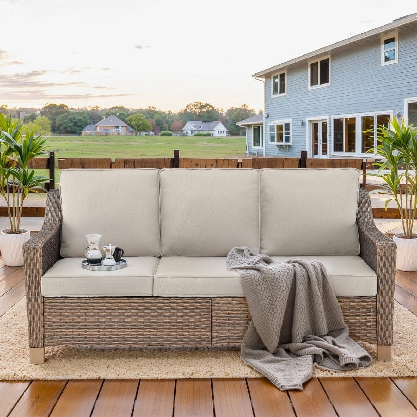 PARKWELL 9 Pieces Outdoor Patio Furniture Set 9-Seat High Back Wicker Conversation Set with Swivel Glider Chairs,Brown Wicker Beige Cushion