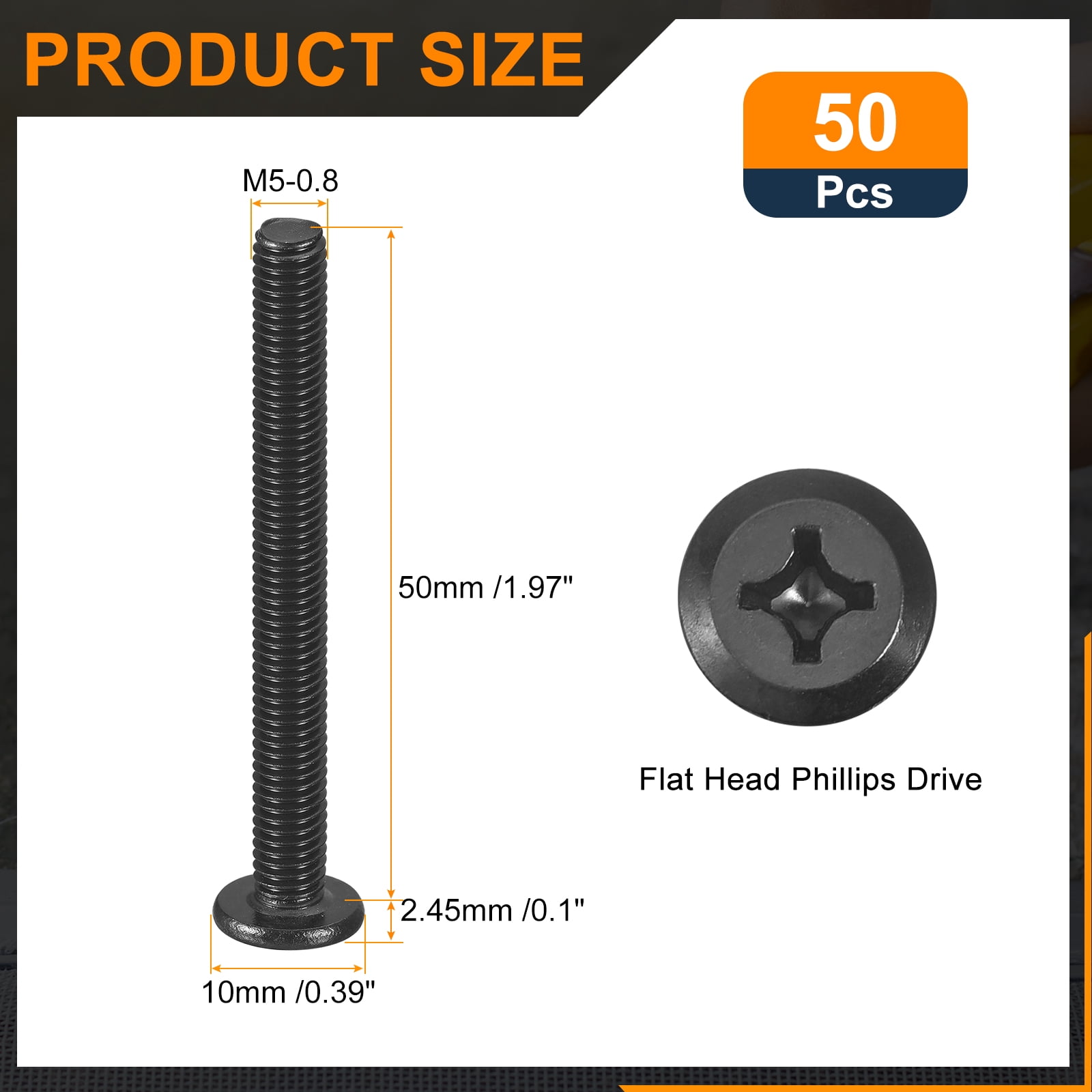 50Pack M5-0.8 x 50mm Flat Round Head Machine Screws, Phillips Drive Fastener