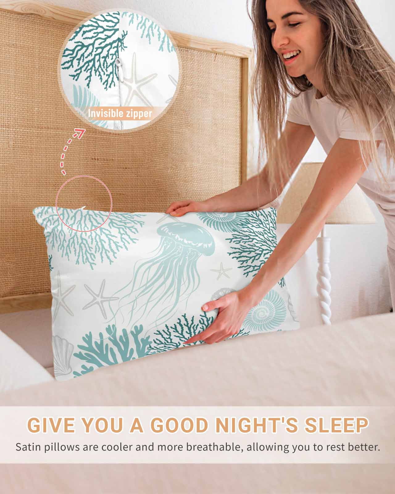 Teal Green Coastal Pillow Cases King Size Set of 2, Smooth Satin Pillowcase for Hair and Skin, Coral Jellyfish Nautical Decorative Cooling Bed Pillow Covers with Zipper, 20x36 Inches