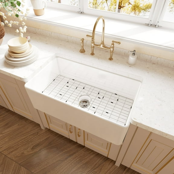 Farmhouse Sink 33 in Apron Fireclay Large Deep Single Bowl with Accessory Kit Bottom Grid and Drain