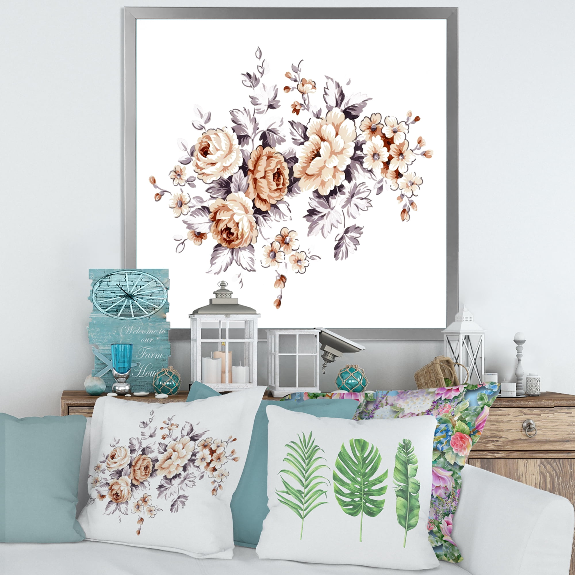 Designart 'Pink Wild Roses With Monochrome Leaves' Traditional Framed Art Print