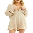 thumbnail image 1 of Women Shorts Jumpsuit Solid Color Long Sleeve Lapel Button Knit Bodysuits, 1 of 5