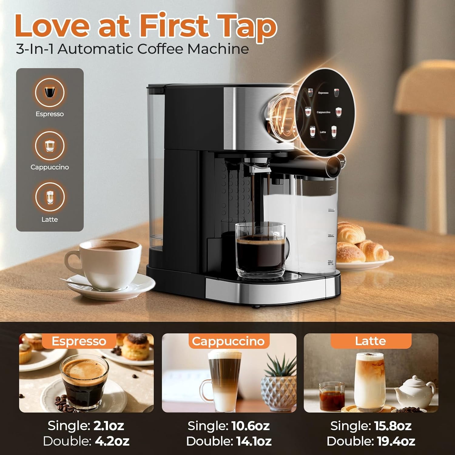Moifoi 20 Bar Espresso Machine, Multifunctional Coffee Maker with Automatic Milk Frother, Coffee Machine with 57Oz Removable Water Tank & 17 Oz Milk Tank, Cappuccino, Latte