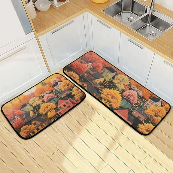 Autumn Trees Orange Kitchen Mats Set 2 Piece Non Slip Floor Foam Rugs Cushioned Soft Waterproof Carpet Runner for Dining Room Bathroom Laundry