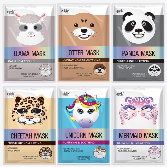 Máscaras de sábana Epielle Animal Character Korean Spa Kids, paquete de 6