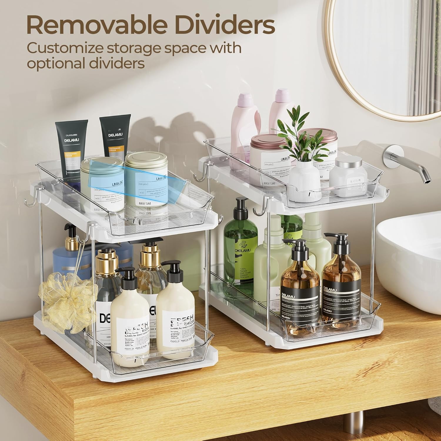 2 Tier Bathroom Under Sink Organizers and Storage with Hook, Multi-Purpose Cabinet Drawers with Movable Dividers, Pull Out Organization for Countertop, Kitchen and Pantry(White, 4 Pack)