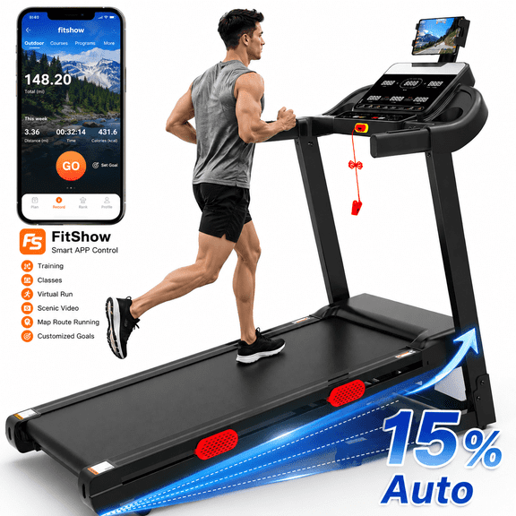 9MPH Treadmill with 15% Auto Incline for Home,3.75HP Brushless Motor,330LB Capacity Folding Treadmill,Electric Treadmill, Smart APP Control,105 Programs,Portable Jogging Walking Exercise Equipment