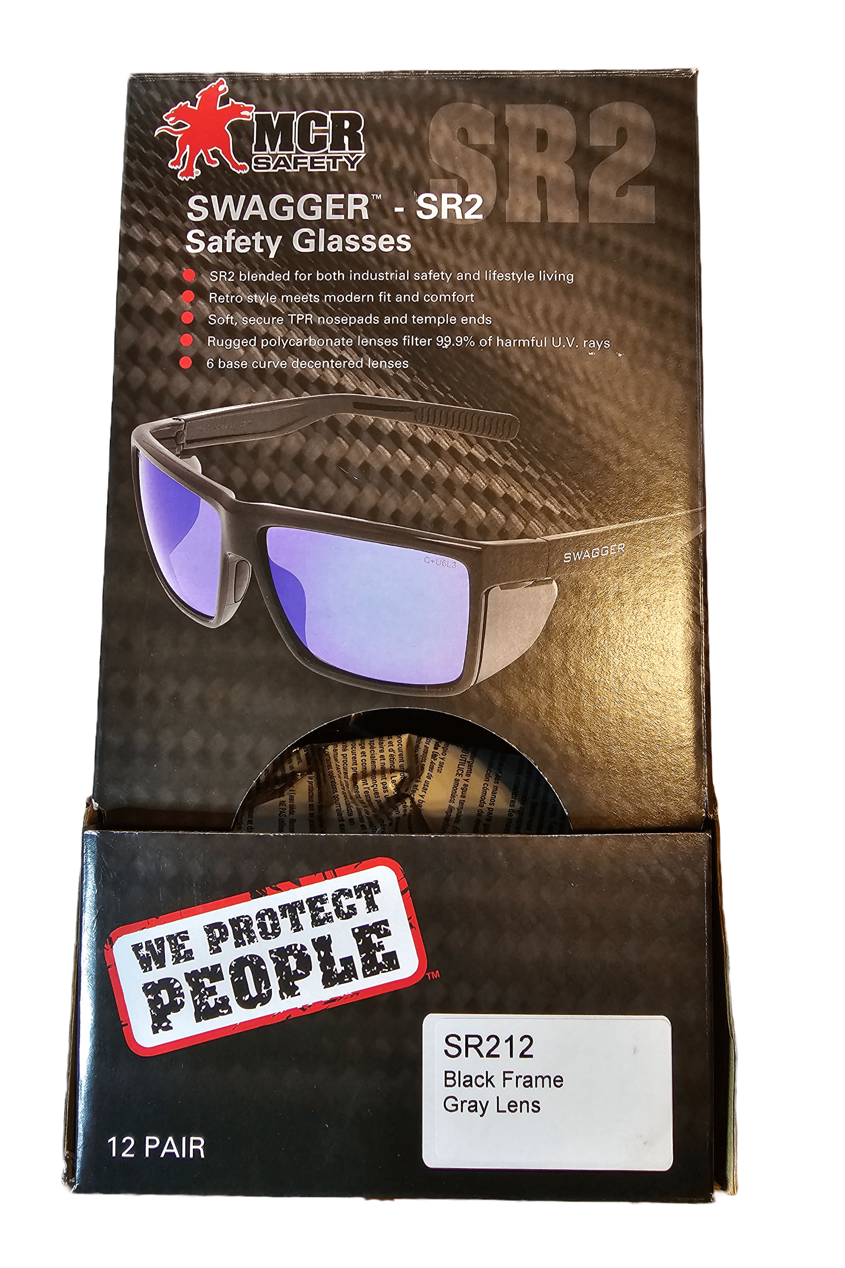 12 Pair MCR SAFETY Swagger SR212 Safety Glasses With Thermo Plastic Rubber Nosep