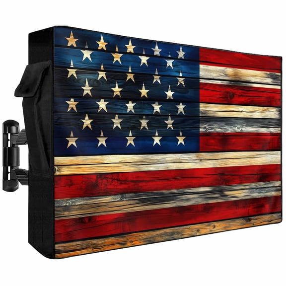 Outdoor TV Cover 58x37x4.5in, Retro American Flag Star and Stripe Weatherproof TV Screen Protector with Zipper, Farmhouse Wooden Plank Outside Television Cover Fits Up to 60-65"