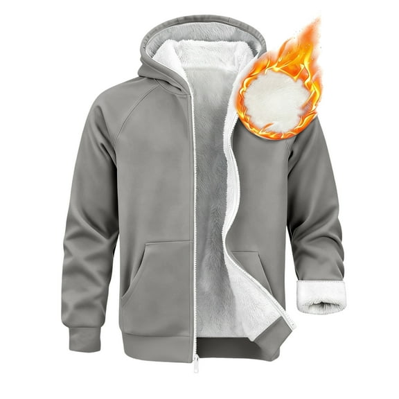 GrmtClth Winter Coats for Men Sherpa Lined Full-Zip Outwear Fashion Hooded Jackets Coat Heavyweight Warm Sweatshirt Gray S