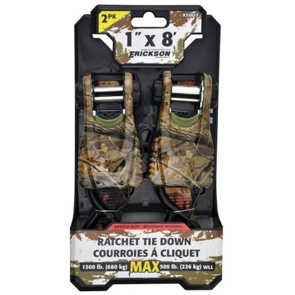 Erickson 35612 1 x 8 in. 1500 Camo Ratchet Tie Down with Cap Locks - Pack of 2