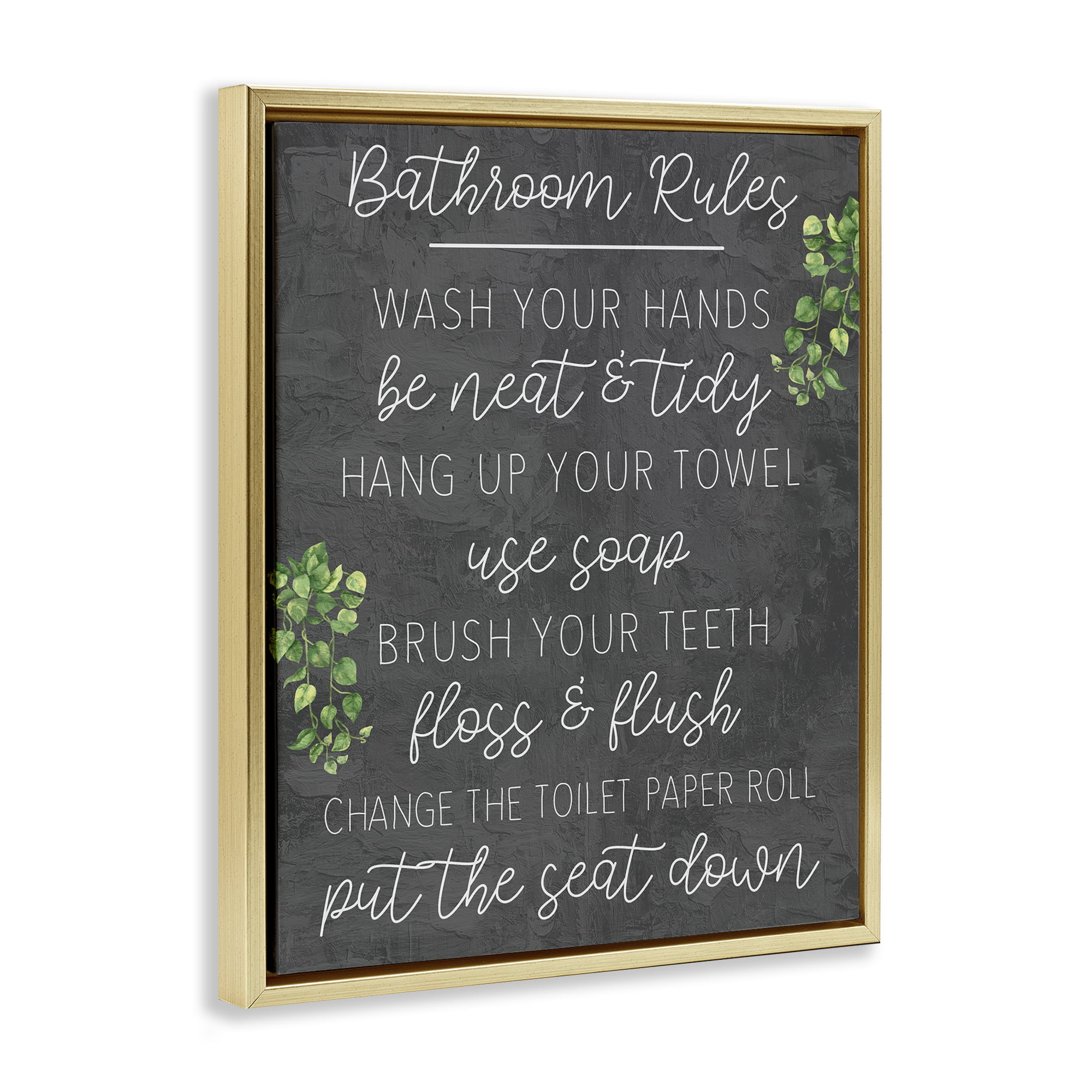 Stupell Industries Bathroom Rules with Greenery Bath & Laundry Painting Gold Floater Framed Canvas Art Print Wall Art, 17 x 21
