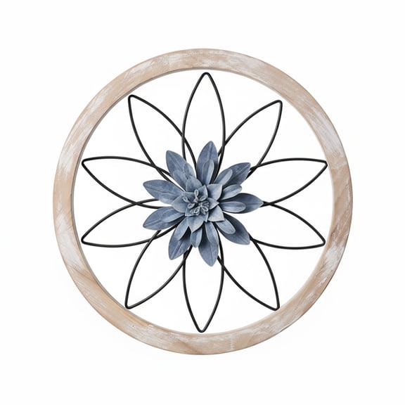 Yucurem Wooden Flower Round Farmhouse Wall Decor 12'' Medallion Wood & Metal Rustic Art for Bedroom Home Living Room Kitchen Office Decor (Blue)