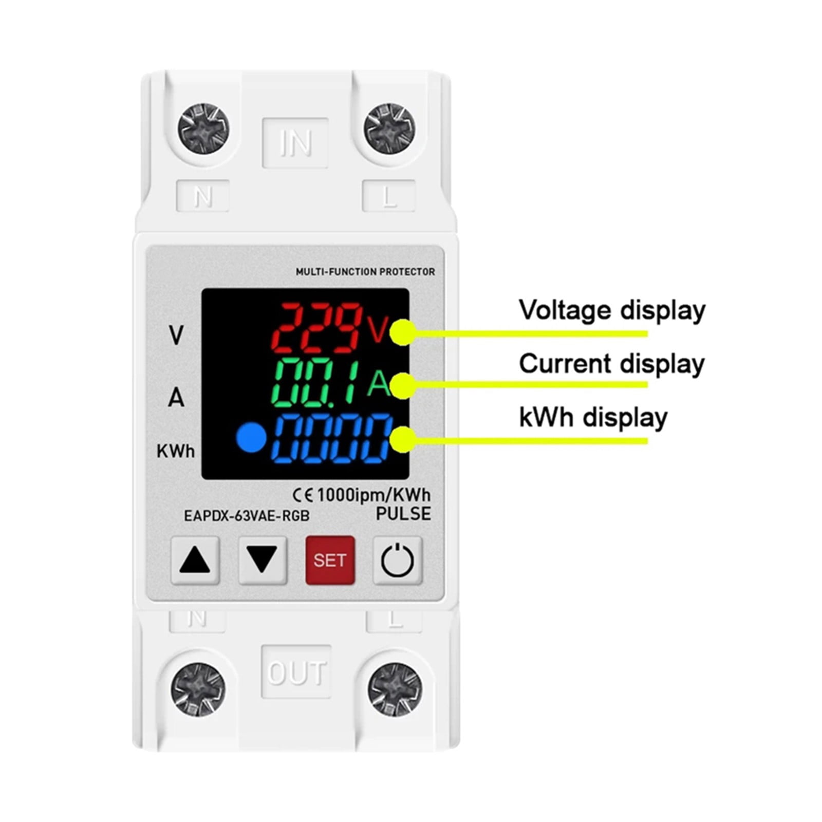 63A 230V 3IN1 Display Din Rail Adjustable Over Voltage Current Protective Device